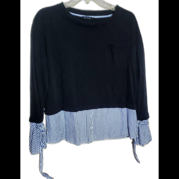 Blu Pepper Mixed Media Pinstriped Sweater - Size L Layered Look Wrist Tie Detail - Picture 1 of 15